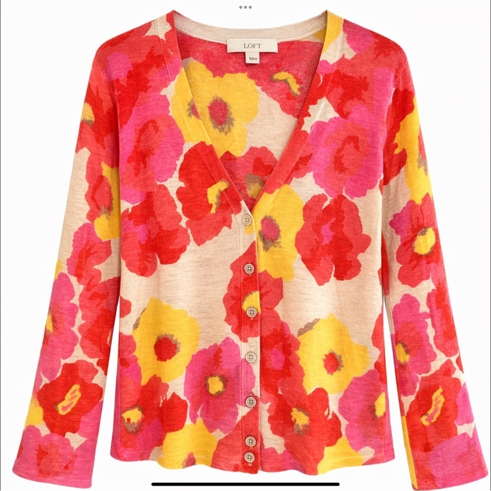 Ann Taylor LOFT Floral Ramie Blend Button Front Cardigan Size M